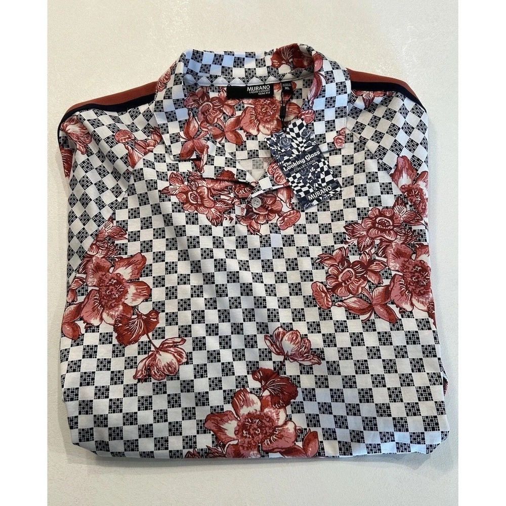 New Murano Liquid Luxury Polo Shirt XL‎ Slim Fit Floral Looking Glass Checkered